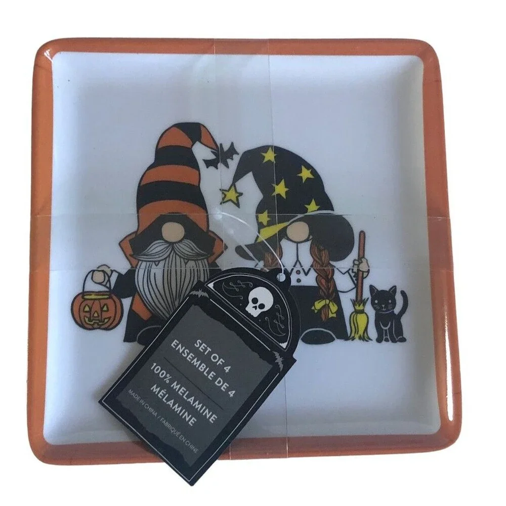 Halloween Gnomes Melamine Plates Witch Black Cat Orange 6 Inch Square Set of 4